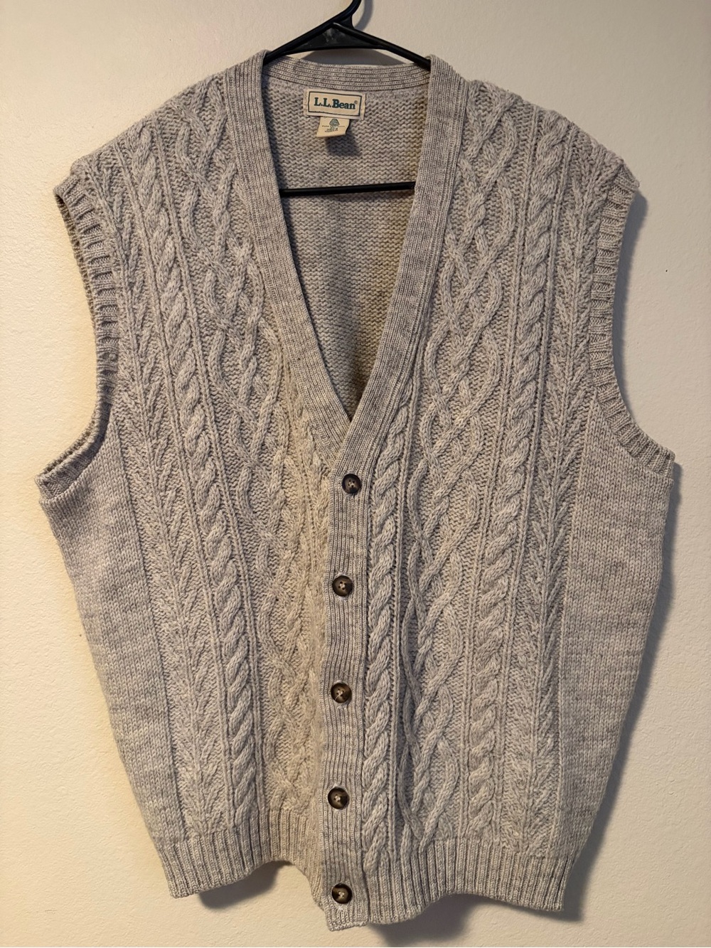 L.L. Bean Men's Light Oatmeal-Gray Cable Knit Button-Front Sweater Vest